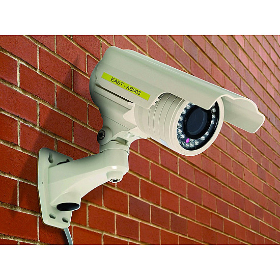 Rhino IND ORIGINAL Schriftband Vinyl 12mm x 5,5m, schwarz auf gelb permanent klebend, 18432