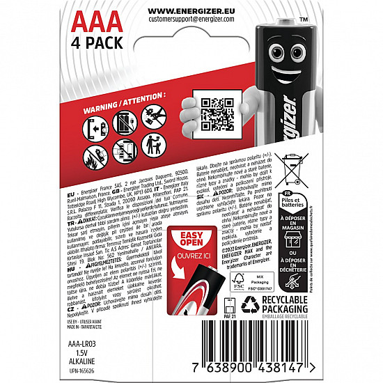 ENERGIZER BATTERIES ALKALINE MAX AAA LR03, 4 PIECES, ECO PACKAGING