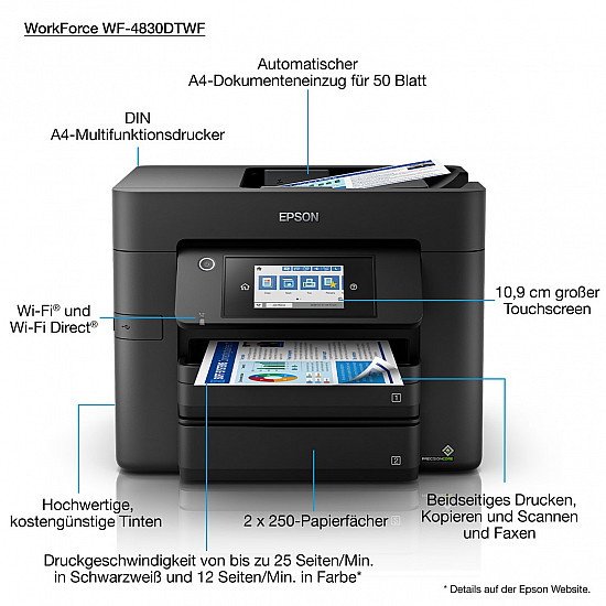 WorkForce Pro WF-4830DTWF, Multifunktionsdrucker schwarz, USB, LAN, WLAN, Scan, Kopie, Fax, Duplex (Druck), Duplex (Scan)
