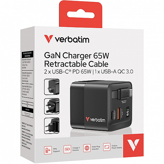 Verbatim Netzteil - GaN - 65 Watt - 3.25 A - PD 3.0, QC 3.0 (2 x USB-C, USB)