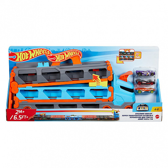 Hot Wheels City Speedway Hauler Carrier with 3 Toy Cars