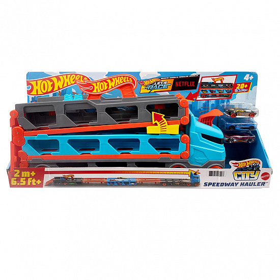 Hot Wheels City Speedway Hauler Carrier with 3 Toy Cars