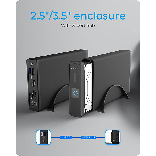 Obudowa IB-382H-C31 2,5/3,5 HDD z wbudowanym HUB 1xUSB-C, 2xUSB -A, 12V2A