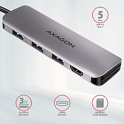 Axagon Multi port USB 3.2 Gen 1 hub. HDMI, card reader and three USB-A outputs. Cable USB-C 20 cm.