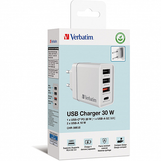 Verbatim Netzteil - 30 Watt - 5 A - PD 3.0, QC 3.0 - 4 Ausgabeanschlussstellen (24 pin USB-C, 3 x USB Typ A)