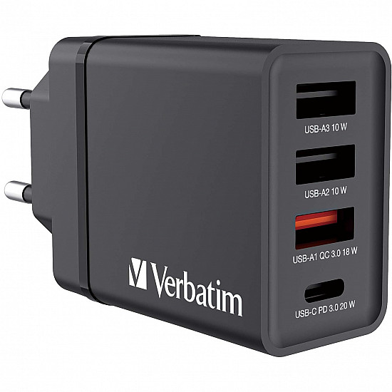 Verbatim Netzteil - 30 Watt - 5 A - PD 3.0, QC 3.0 - 4 Ausgabeanschlussstellen (24 pin USB-C, 3 x USB Typ A)