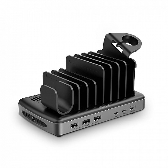 160W 6 Port USB-Ladestation, 3x USB-A + 3x USB-C schwarz/grau, PD 3.0, QC 3.0/4.0, Samsung AFC, gleichzeitiges Laden von 6 Tablets / Smartphones