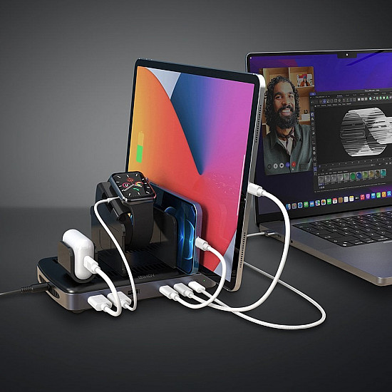 160W 6 Port USB-Ladestation, 3x USB-A + 3x USB-C schwarz/grau, PD 3.0, QC 3.0/4.0, Samsung AFC, gleichzeitiges Laden von 6 Tablets / Smartphones