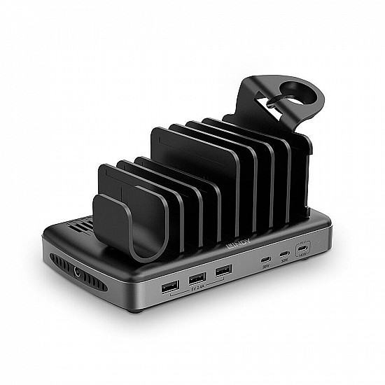 160W 6 Port USB-Ladestation, 3x USB-A + 3x USB-C schwarz/grau, PD 3.0, QC 3.0/4.0, Samsung AFC, gleichzeitiges Laden von 6 Tablets / Smartphones