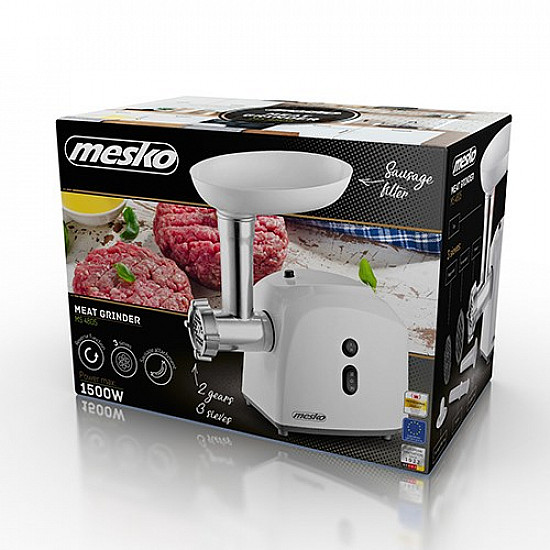 Mesko MS 4805 Meat mincer, Power 600W, Bowl, Middle size sieve, Mince sieve, Poppy sieve, Plunger, Sausage filler Mesko Mesko MS 4805 White Middle size sieve, mince sieve, poppy sieve, plunger, sausage filler, kibbe attachment