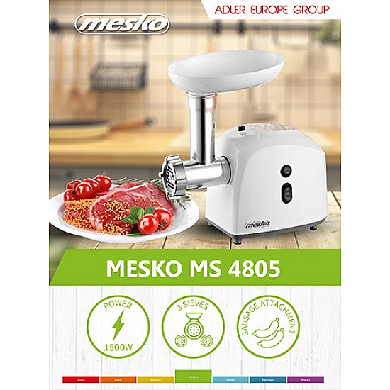 Mesko MS 4805 Meat mincer, Power 600W, Bowl, Middle size sieve, Mince sieve, Poppy sieve, Plunger, Sausage filler Mesko Mesko MS 4805 White Middle size sieve, mince sieve, poppy sieve, plunger, sausage filler, kibbe attachment