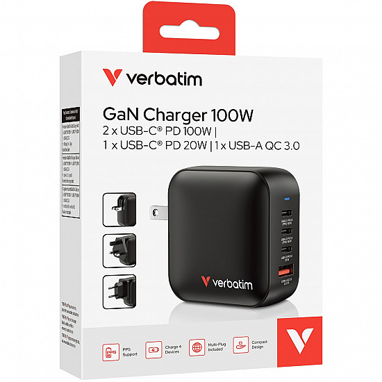 Verbatim Mini GaN Charger 100W 3xUSB-C PD, 1xUSB-A QC 3.0 32231