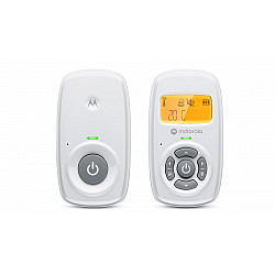 Motorola Audio Baby Monitor AM24 1.5” LCD black and white display with orange backlight; 1.5” LCD black and white display with orange backlight; Connect one baby unit to two parent units to monitor from different rooms; Rechargeable portable parent unit with 10 hours playtime; Two-way talk with high-sensitivity microphone; Room temperature monitoring White