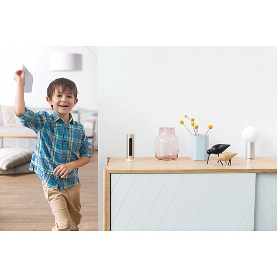 Welcome, IP security camera, indoor, wired and wireless, table-top bench, black, gold