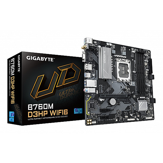 Pagrindinė plokštė GIGABYTE B760M D3HP WIFI6 DDR5 PCIe 4.0 USB-C WiFi6 mATX