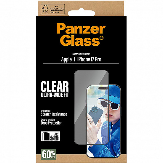 PanzerGlass Screen protector Apple iPhone 17 Pro Glass Transparent Ultra-Wide Fit w. EasyAligner