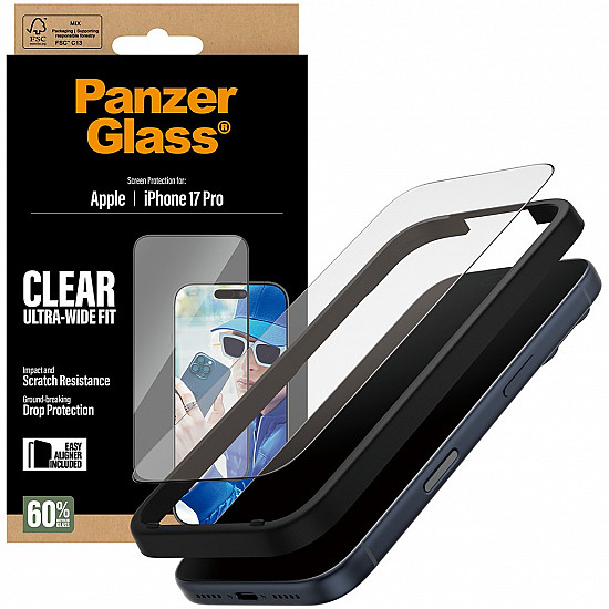 PanzerGlass Screen protector Apple iPhone 17 Pro Glass Transparent Ultra-Wide Fit w. EasyAligner