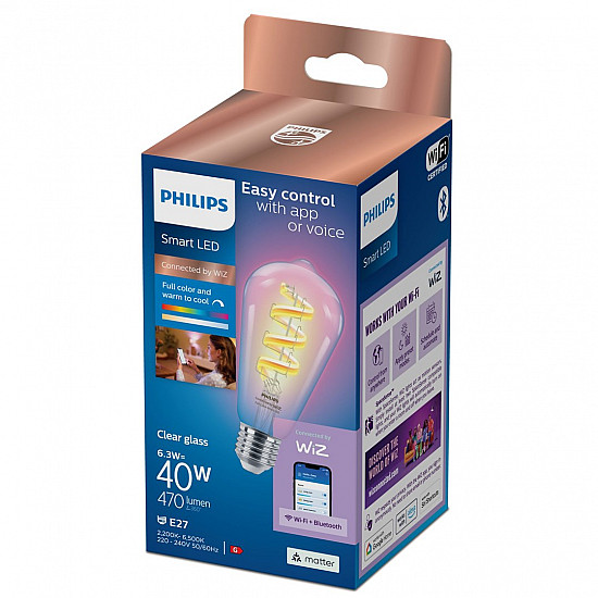 Philips Smart WiFi Filament Clear ST64 RGB E27 6.3 W Full Color