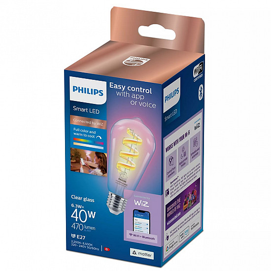 Philips Smart WiFi Filament Clear ST64 RGB E27 6.3 W Full Color