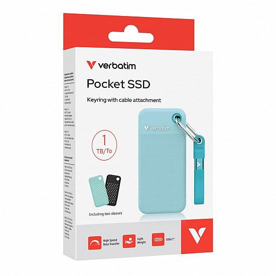 VERBATIM POCKET SSD USB 3.2 GEN 2 1TB POLAR BLUE INCL. TWO RUBBER SLEEVES