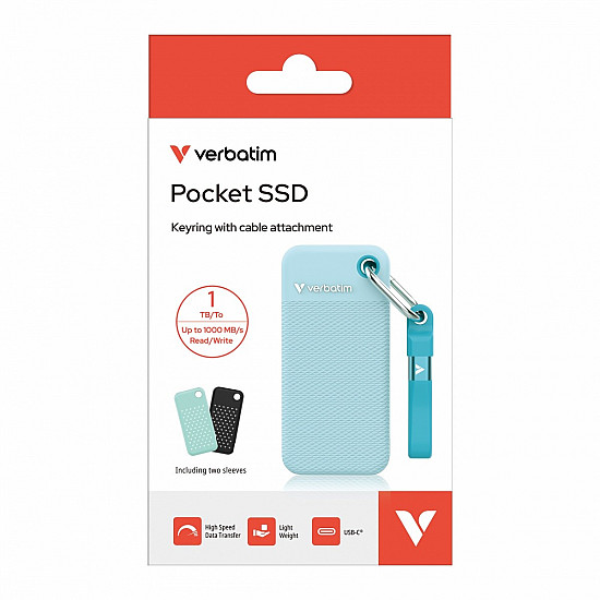 VERBATIM POCKET SSD USB 3.2 GEN 2 1TB POLAR BLUE INCL. TWO RUBBER SLEEVES