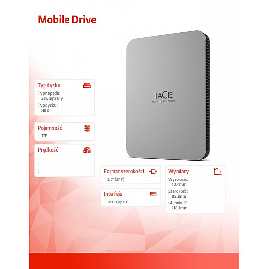 LaCie Mobile Drive Išorinis kietasis diskas su 1TB, USB-C Moon Silver 2025