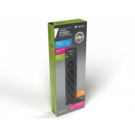 TRACER PowerGuard PRO 1.8m Black 5 sockets. 1 buttons power strip
