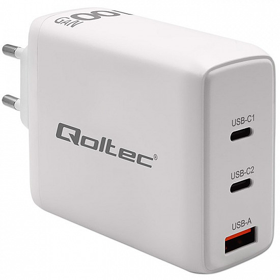 Qoltec 100W GaN Wall Charger 5-20V 1.5-5A 2 x USB-C PD 1 x USB QC 3.0 White