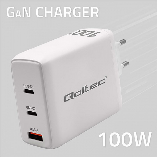 Qoltec 100W GaN Wall Charger 5-20V 1.5-5A 2 x USB-C PD 1 x USB QC 3.0 White