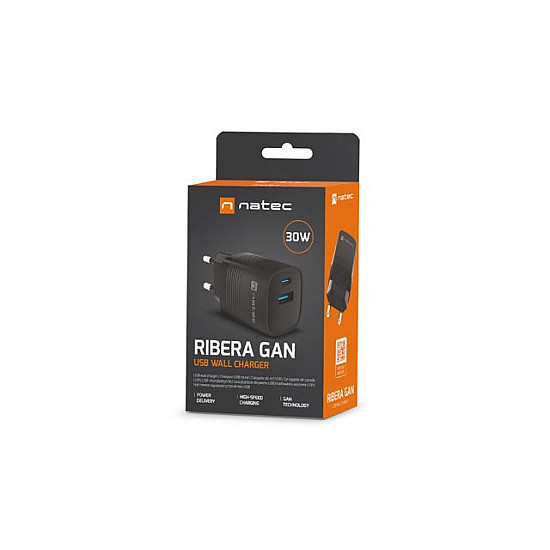 CHARGER RIBERA GAN 1X USB-A + 1X USB-C 30W BLACK NUC-2141