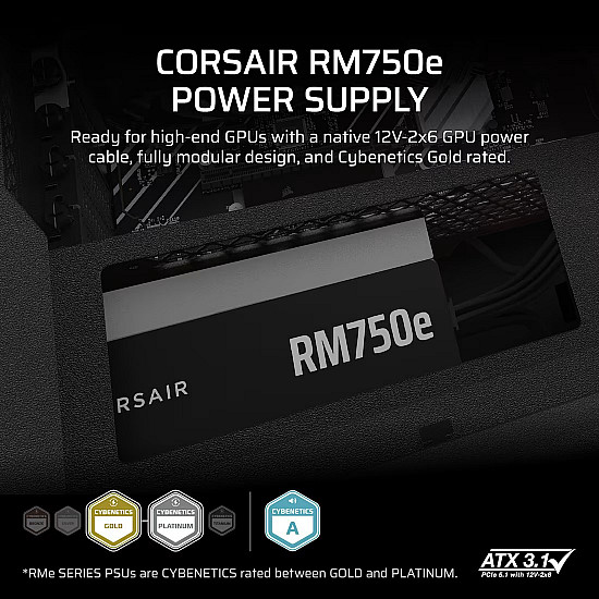 CORSAIR RM750e maitinimo blokas su ATX 3.1, PCIe 5.1, 2025