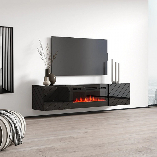 RTV LUXE cabinet 182.6x34.5x37.5 black/black gloss + black fireplace