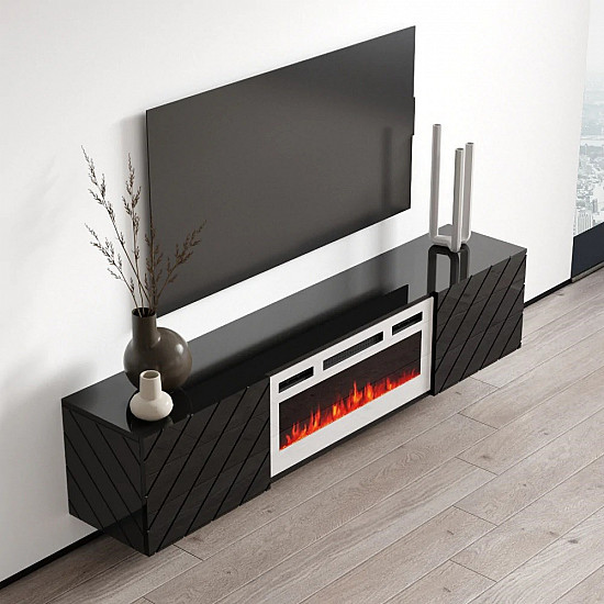 RTV LUXE cabinet 182.6x34.5x37.5 black/black gloss + white fireplace