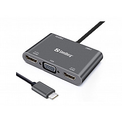 USB-C dock 2xHDMI+1xVGA+USB+PD, wired, USB 3.2 Gen 1 (3.1 Gen 1) Type-C, grey, 4K Ultra HD, 3840 x 2