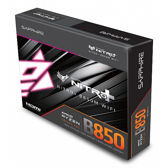 SAPPHIRE AMD B850M AM5 NITRO+ Ryzen R9/R7/R5, 4x DDR5 8000MHz, PCIE 5, 1x M.2 Gen5, 1x M.2 Gen4, LAN 2.5 Gbps, WIFI6, USB, MATX
