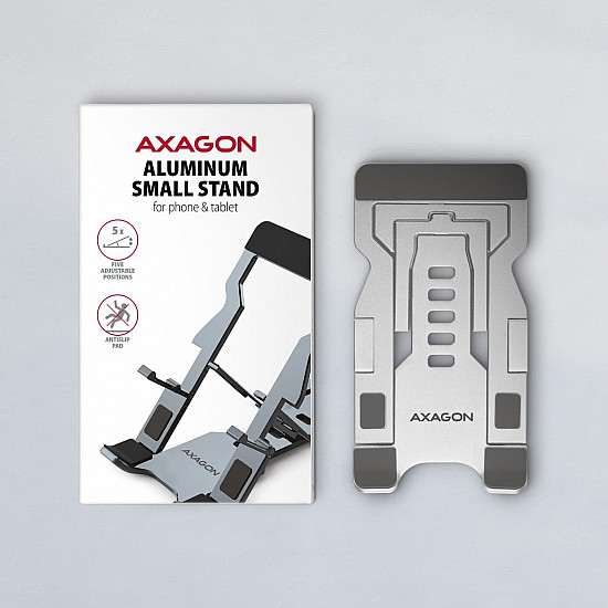 Axagon STND-M PHONE / TABLET STANDAluminum stand for 4“ – 10.5“ phones and tablets. Five adjustable positions.