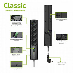 Classic 5 0m surge protection strip 5 x UTE 10 A black Color TLZ09-CLA0500000