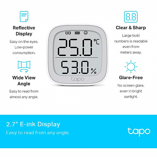 TP-LINK Tapo Intelligenter Temperatur- und Feuchtigkeitsmonitor, Drinnen, Temperatur- & Feuchtigkeitssensor, Freistehend, -20 - 60 °C, Kabellos, 0 - 99%