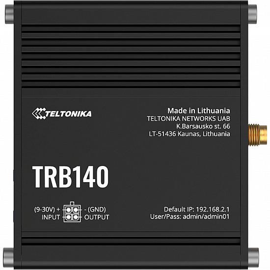 Teltonika TRB140 LTE Router: No WiFi, 4G, SIM, Enthernet port, Micro USB LTE Router TRB140 No Wi-Fi 10/100/1000 Mbit/s Ethernet LAN (RJ-45) ports 1 Mesh Support No MU-MiMO No 2G/3G/4G Antenna type 1 x SMA for LTE 1 x Virtual network interface via micro USB 24 month(s)