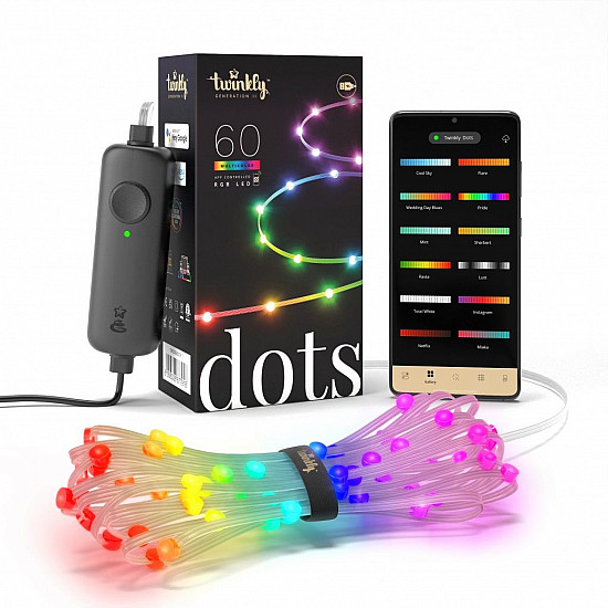 Twinkly Dots Smart LED Lights 60 RGB (Multicolor), USB Powered, 3m, Transparent RGB – 16M+ colors
