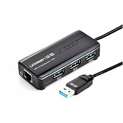 Adapter sieciowy Ugreen 20265 USB-A / RJ45 1000 Mbps HUB 3x USB 3.0 - czarny