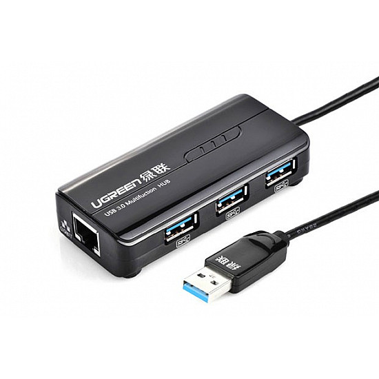 Adapter sieciowy Ugreen 20265 USB-A / RJ45 1000 Mbps HUB 3x USB 3.0 - czarny