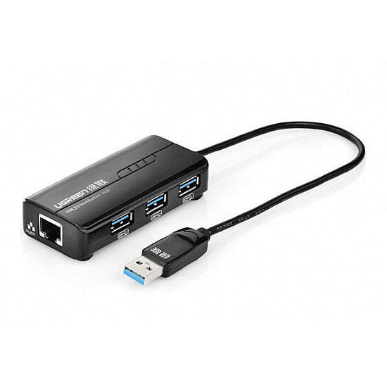 Adapter sieciowy Ugreen 20265 USB-A / RJ45 1000 Mbps HUB 3x USB 3.0 - czarny