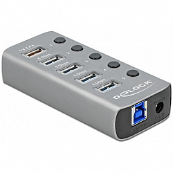 USB 3.2 Gen 1 Hub mit 4 Ports + 1 Schnellladeport, USB-Hub grau, mit Schalter und Beleuchtung