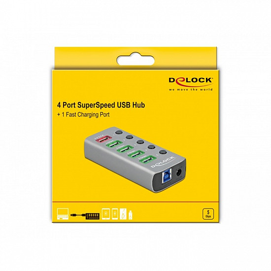 USB 3.2 Gen 1 Hub mit 4 Ports + 1 Schnellladeport, USB-Hub grau, mit Schalter und Beleuchtung