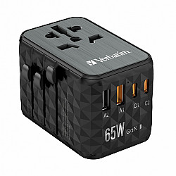 Verbatim UTA-05 - Netzteil - GaN III, Universal - 65 Watt - 5 A - PD 3.0, QC 4.0+, QC 3.0, Fast Charge, Super Charge, Apple Fast Charge, PD/PPS, USB BC 1.2 - 4 Ausgabeanschlussstellen (2 x USB-C, 2 x USB)
