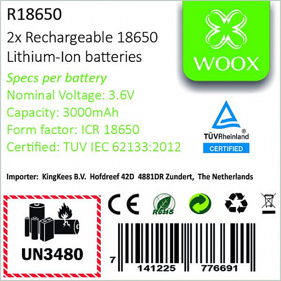 WOOX R18650 is een set van 2 stuks oplaadbare lithium-ion batterijen type 18650
