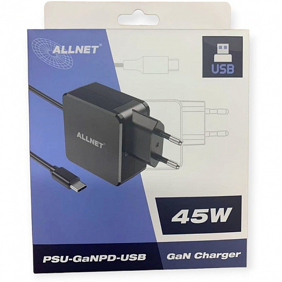 Z ALLNET Ersatznetzteil QC USB-C PD GaN Netzteil Power Supply45Watt 1x USB Typ-C mit 2m festem Kabel**EU PLUG**
