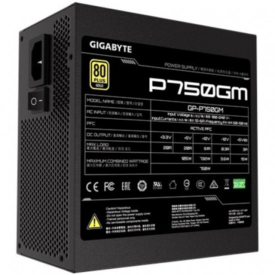 Power Supply|GIGABYTE|750 Watts|Efficiency 80 PLUS GOLD|PFC Active|MTBF 100000 hours|GP-P750GM
