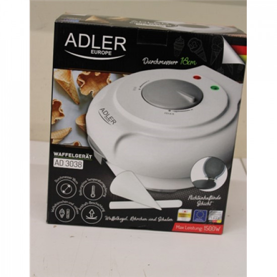 SALE OUT. Adler AD 3038 Waffle maker, 1500W, diameter 18cm, Forming cone included, white Adler Waffle maker AD 3038 Adler 1500 W Number of pastry 1 Round White DAMAGED PACKAGING | Adler | AD 3038 | Waffle maker | 1500 W | Number of pastry 1 | Round | Whit